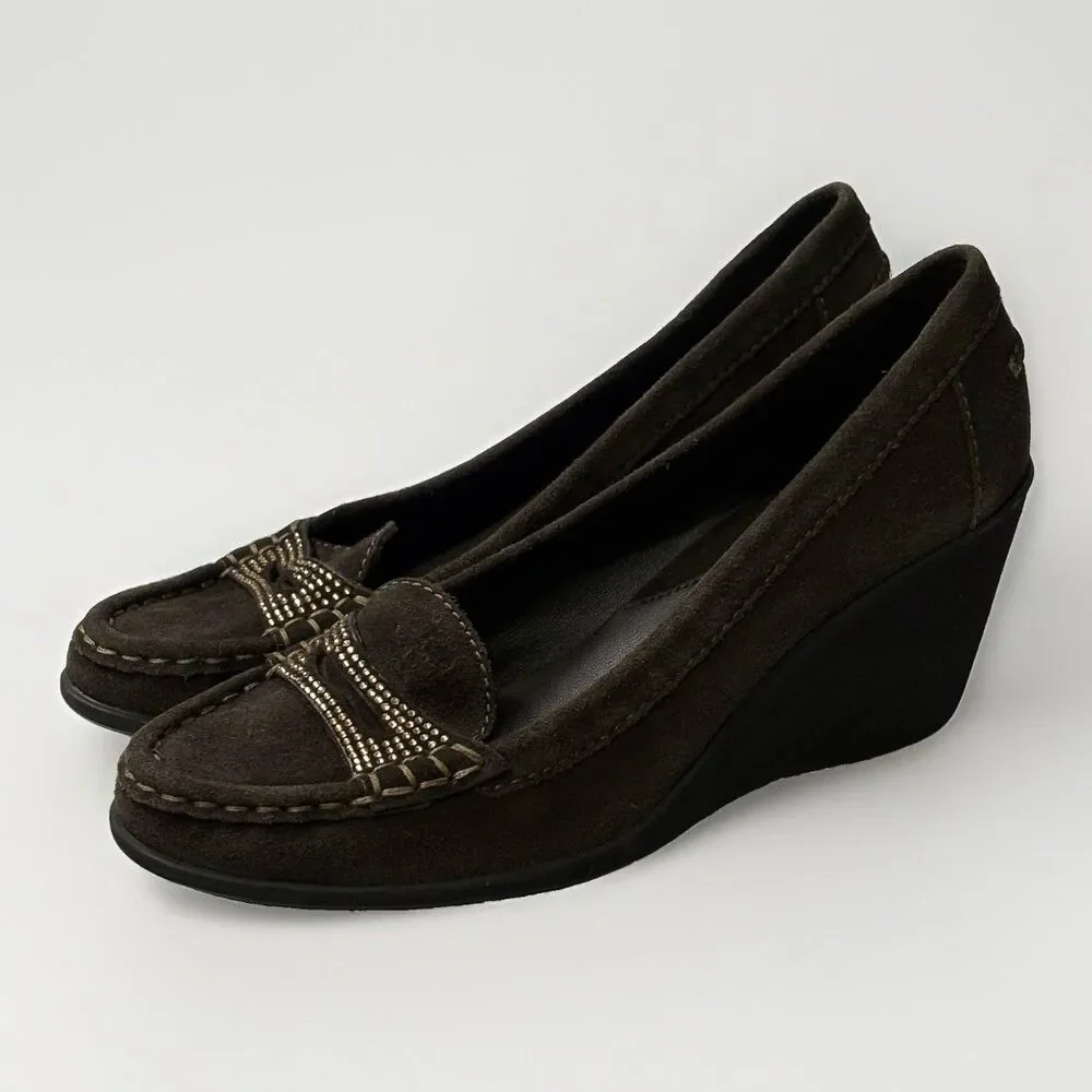 Geox Womens Brown Suede Wedge Loafer Rhinestone US 8.5 EU 38.5 Old Money Classic